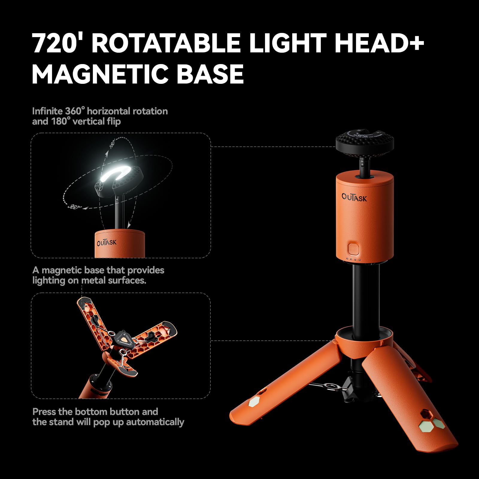 Outask Lampada da campeggio telescopica, lanterna magnetica pieghevole da campeggio con batteria da 12000 mAh, torce telescopiche impermeabili IPX6/IPX7, lampada da campeggio per emergenza, campeggio