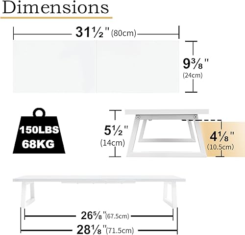 Miniatura 4 de TEAMIX Elevador de monitor doble blanco, soporte de monitor de 31.5 pulgadas de largo, soporte de TV ancho, soporte de monitor blanco para 2