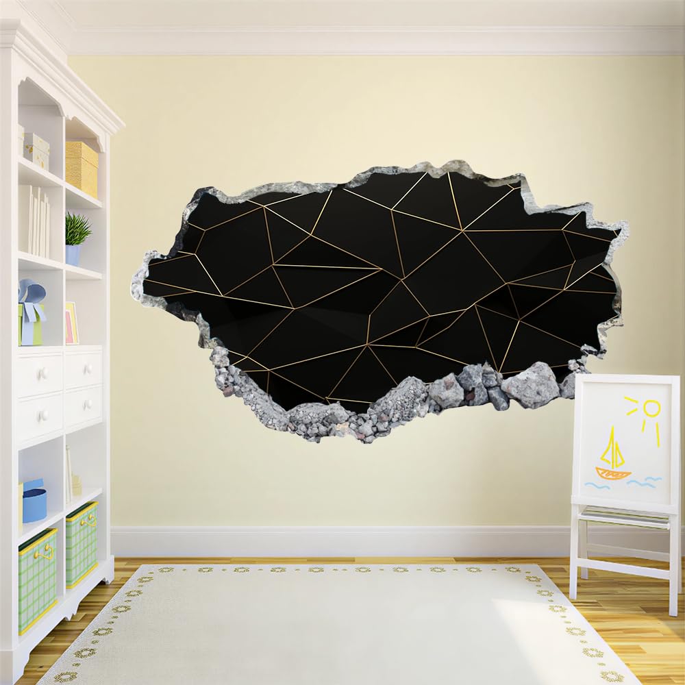 3D Wandtattoo Durchbruch Wanddeko Geometrie Wanddurchbruch sticker Wandbild Wandsticker Schwarze Und Goldene Linien Wohnzimmer Wanddeko Wandaufkleber für Kinderzimmer Mädchen Teenager Zimmer
