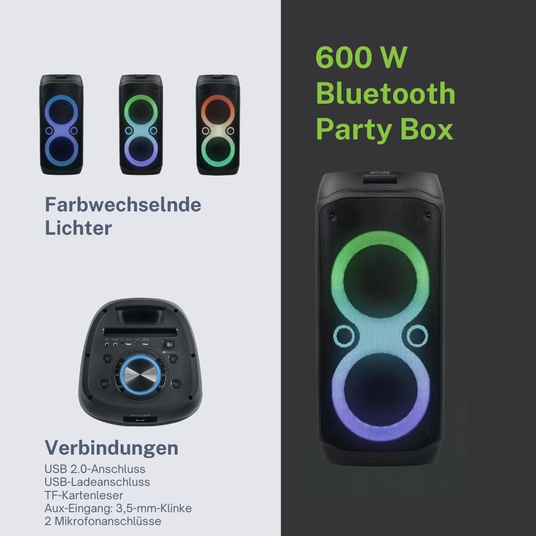MUSE M1937DJ Głośnik Bluetooth z portem USB do odtwarzania i ładowania, czytnik kart Micro SD 2 wejścia mikrofonowe wejście pomocnicze, kolorowe światła, regulacja basów i tonów, para stereo.