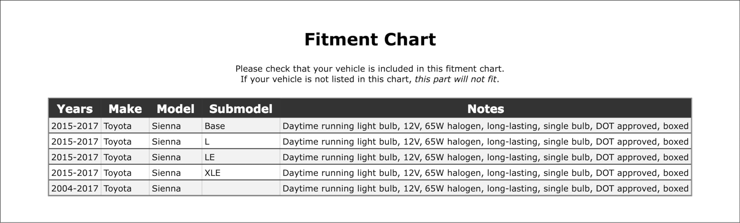 High Beam Daytime Running Light Bulb Compatible With Toyota Sienna 2017 2016 2015 2014 2013 2012 2011 2010 2009 2008 2007 2006 2005 2004 P-1692959