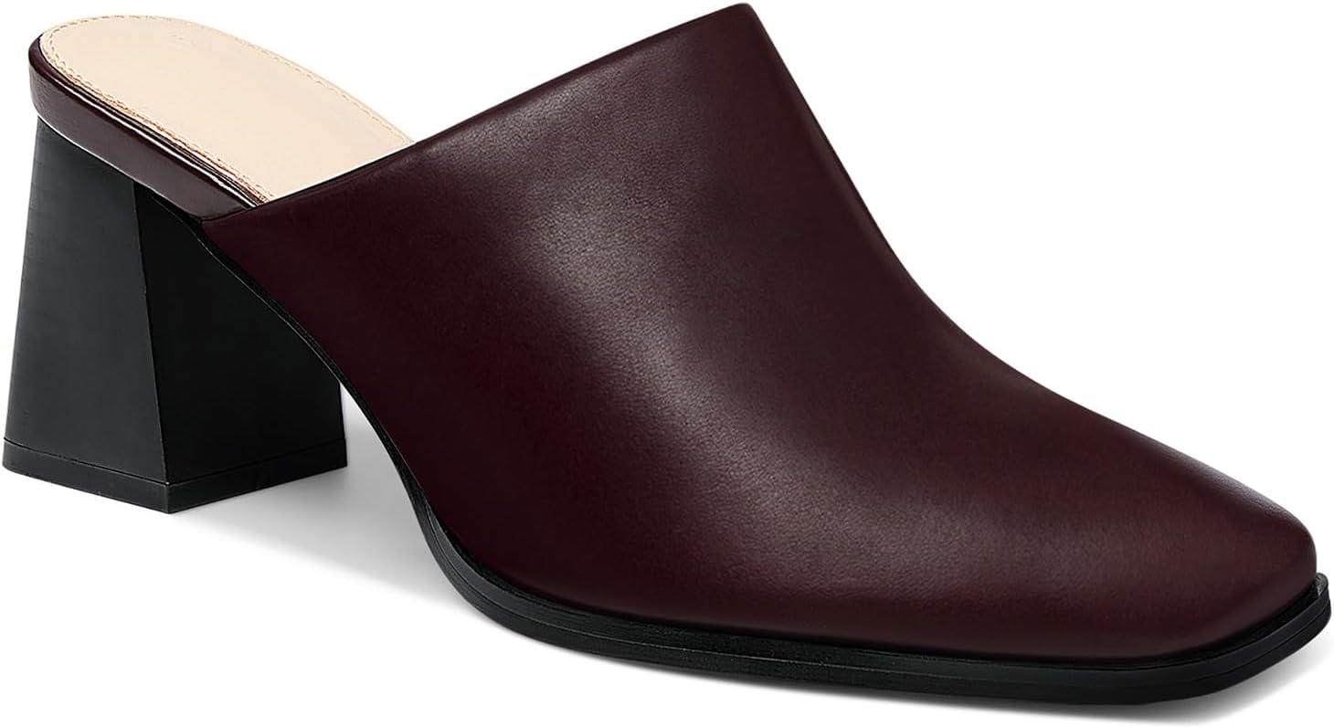 Trish Lucia Womens Chunky Stacked Heel Mules Closed Square Toe Heeled Slip on Clogs Casual Backless Loafers Shoes