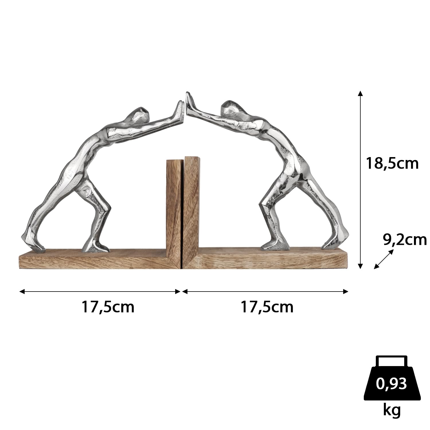 Moritz Buchstützen modern aus Aluminium und Mangoholz - 17,5x9,2x18,5 cm - 2er-Set Buchhalter Figuren Deko Skulptur Silber auf Holzsockel - stilvolle Deko für Wohnzimmer Büro Regal