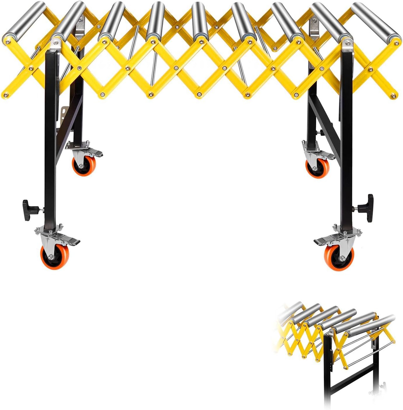 Roller Conveyor, 30"-50" Height Adjustable, 660lbs Heavy Duty Folding Roller Stand with Locking Swivel Castor, 22'' Wide Conveyor Belt for Infeed, Outfeed Table and Planer (Yellow 38MM)