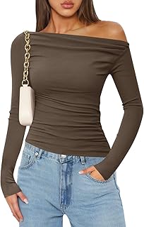 Womens Off Shoulder Long Sleeve Tops 2025 Fall Casual Boat Neck Ruched Slim Fit Going Out Y2k Shirts Blouses