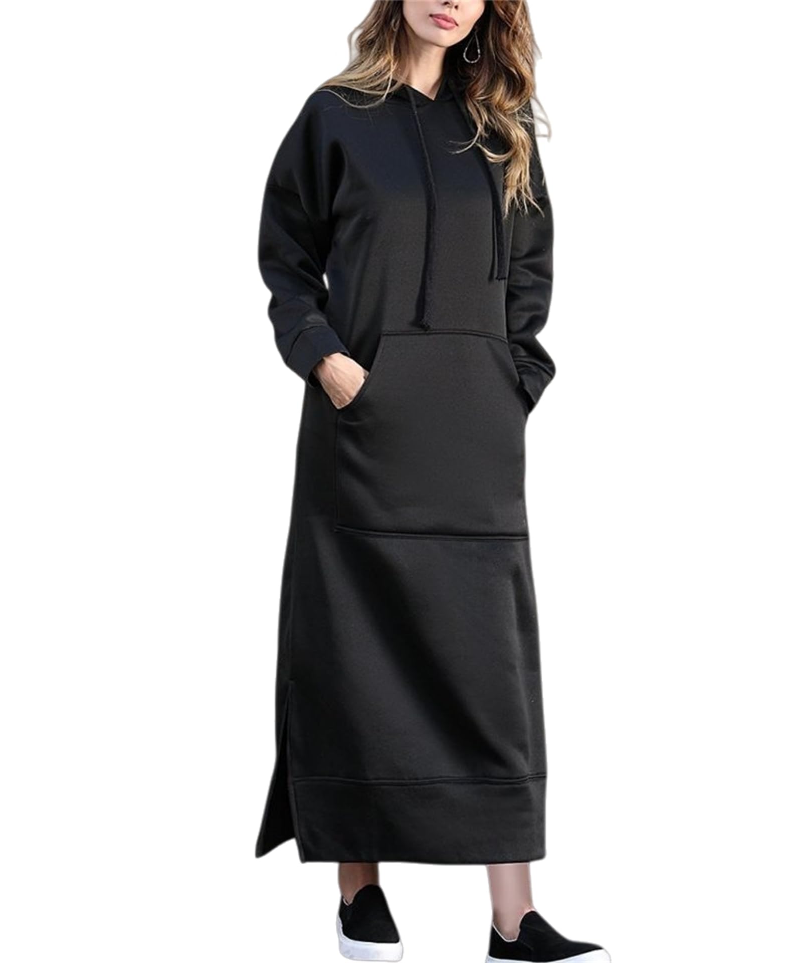 Damska bluza maxi, sukienka zimowa, jesień, luźna, jednokolorowa, z długim rękawem, polarowa, z kieszenią kangurką.