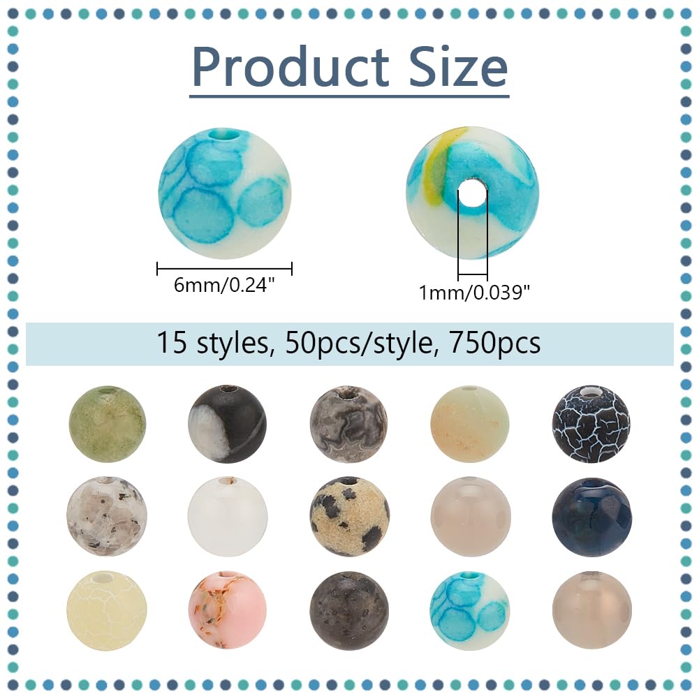 NBEADS 750 Stück 15 Stile Natürliche Runde Steinperlen, Gemischte Edelstein Perlen Kits 6mm Kristalle Edelstein Perlen Lose Spacer Perlen für Armband Halskette Ohrringe Schmuckherstellung, Loch: 1mm