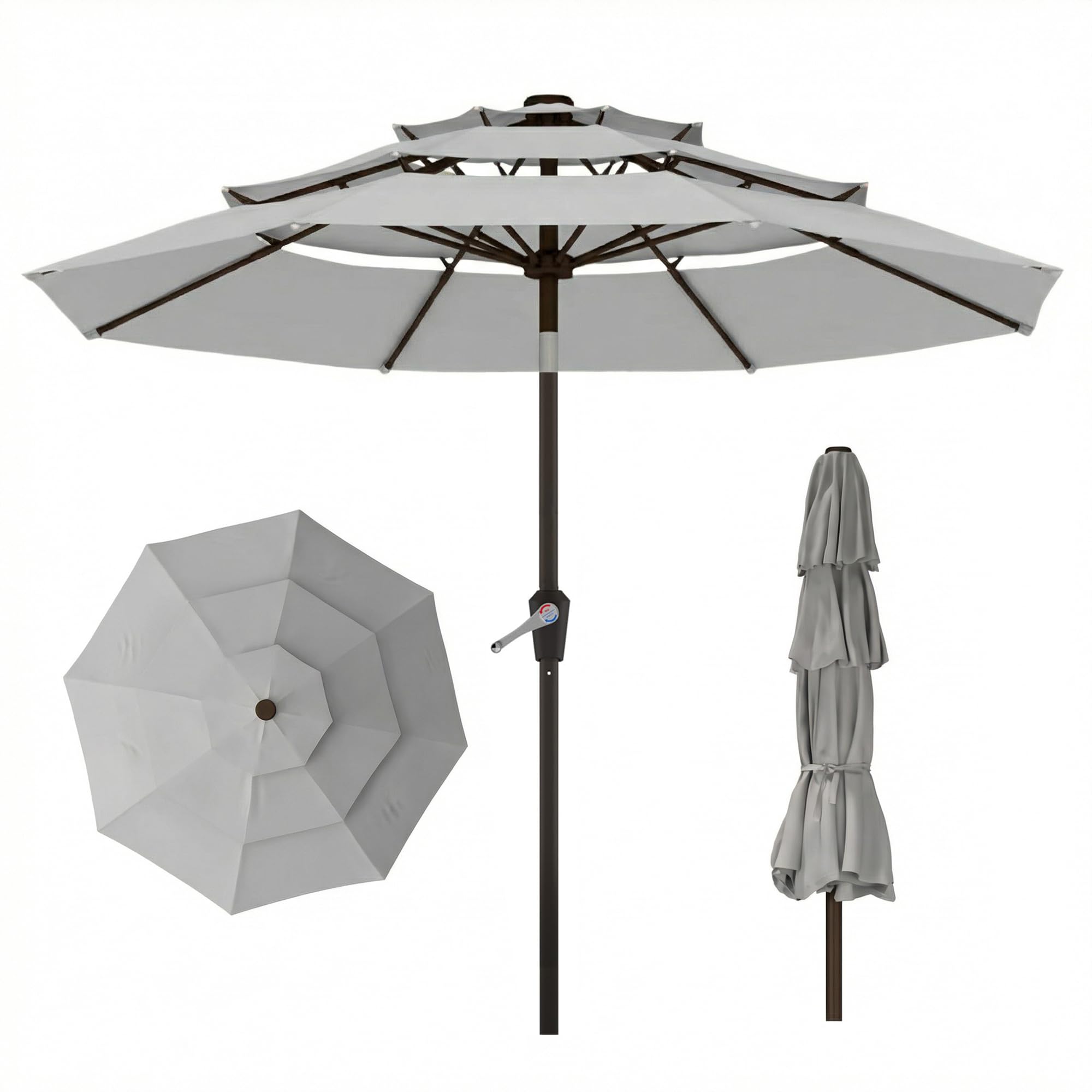 Photo 1 of Tobeos 10ft 3 Tier Patio Umbrella, Outdoor Market Table Umbrella with UPF 50+ Vented Canopy, 8 Sturdy Ribs, Easy Push Button Tilt and Crank, Windproof for Deck, Pool, Backyard and Garden, Light Gray