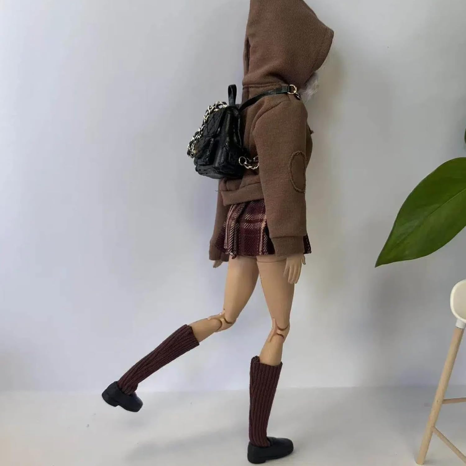 Fashion Doll Clothing Set, Brown Hooded Sweatshirt with Plaid Skirt, Socks and Shoes, 1/6 Scale, Compatible with Standard Fashion Dolls