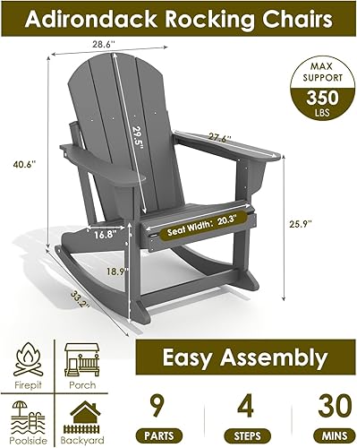Miniatura 3 de GREENVINES Adirondack - Juego de 2 mecedoras  Plástico HDPE  Balancín de porche  Silla para terraza de patio al aire libre  Todo tipo de clima  Gris