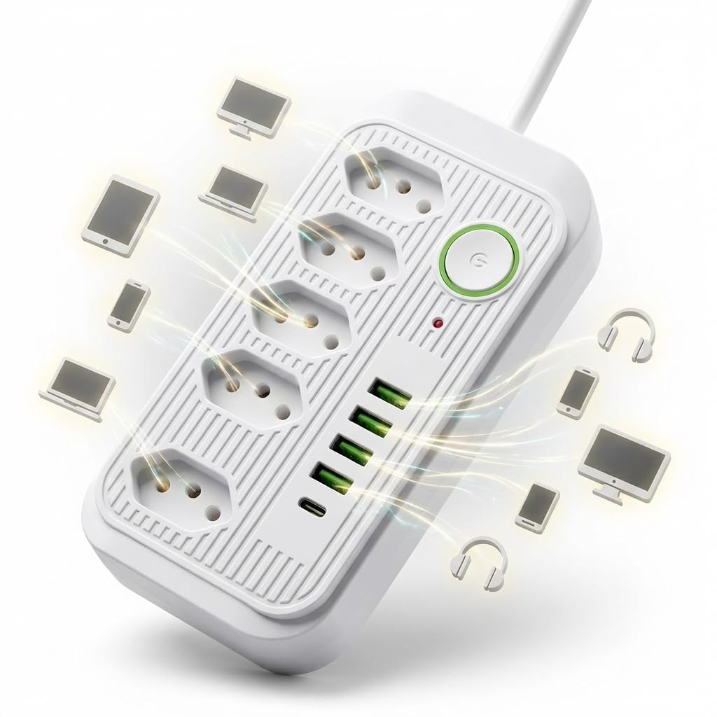 Extensão Filtro de Linha Regua de Energia - Adaptador Tomada com 5 Tomadas, 4 USB, 1