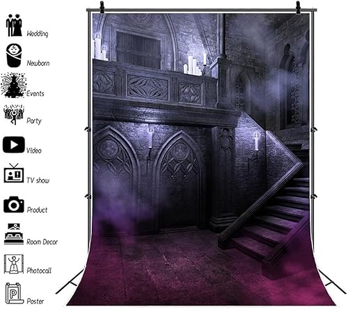 Miniatura 7 de AOFOTO Escaleras de castillo de estilo gótico sombrío de 6 x 8 pies, telón de fondo aterrador para Halloween, carnaval, horrible casa embrujada,