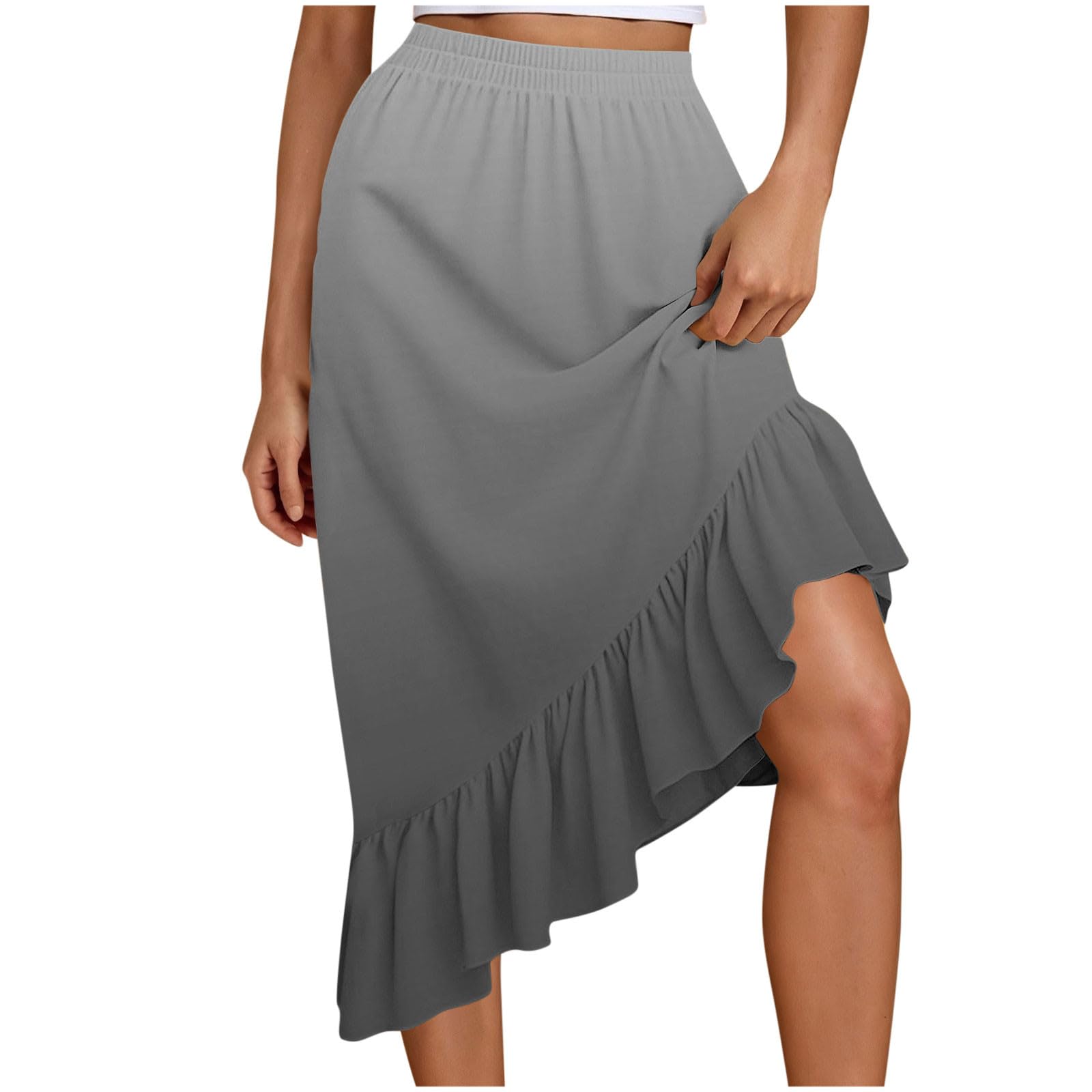Womens Stretchy High Waist Ruffle Skirt Asymmetrical Hem Flowy Midi Skirt Gradient Color Casual Fashion Skirts
