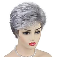 Vista 6 de Pelucas cortas gris plateadas para mujeres blancas, pelucas sintéticas con corte pixie natural y a capas con flequillo, peluca corta de pelo gris