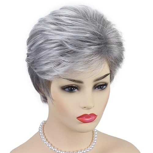Miniatura 6 de Pelucas cortas gris plateadas para mujeres blancas, pelucas sintéticas con corte pixie natural y a capas con flequillo, peluca corta de pelo gris