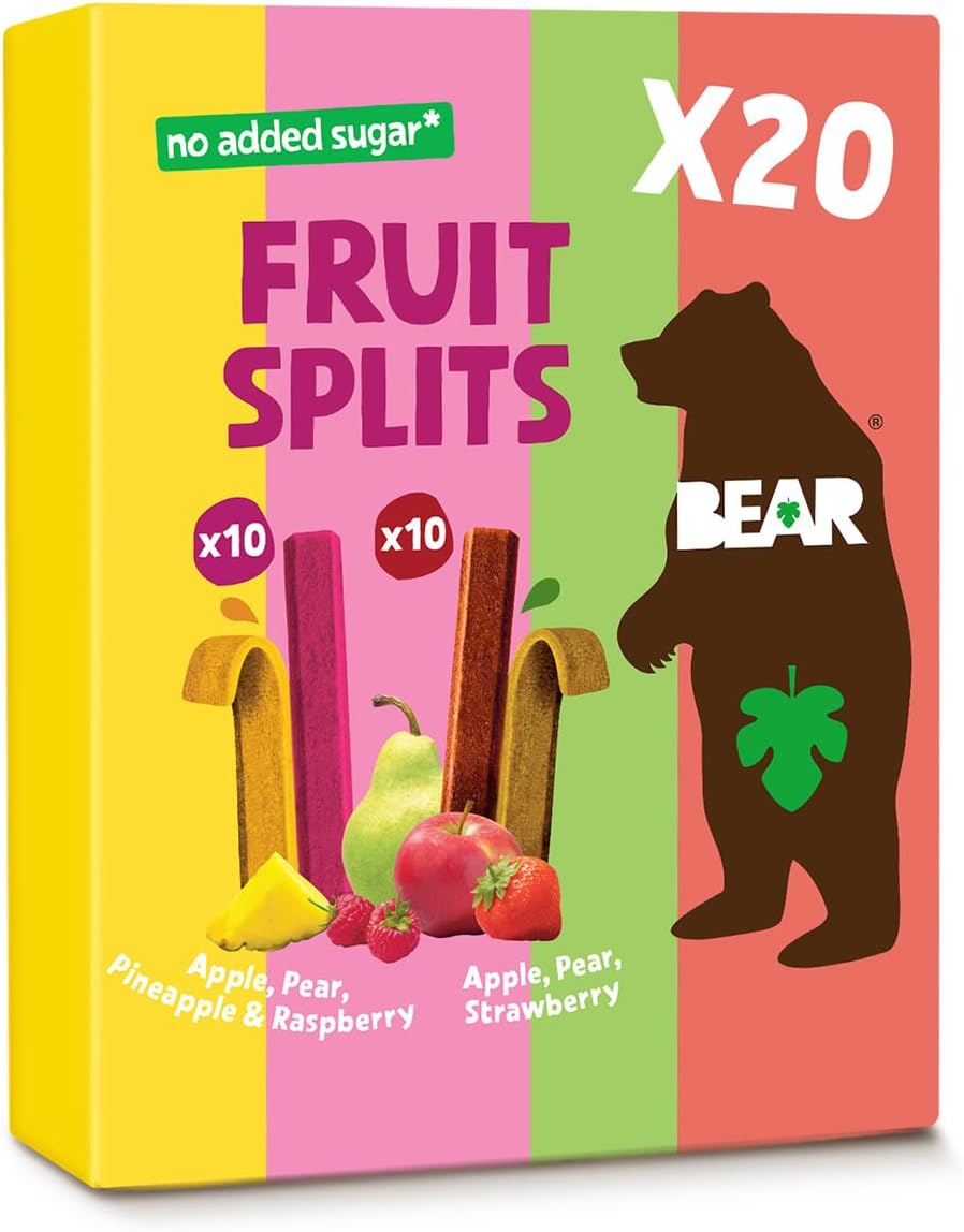 BEAR Real Fruit Snack Splits - Gluten Free, Vegan, and Non-GMO - Variety Pack (Apple/Strawberry, Raspberry/Pineapple)– Healthy School And Lunch Snacks For Kids And Adults, 0.7 Ounce (Pack of 20)