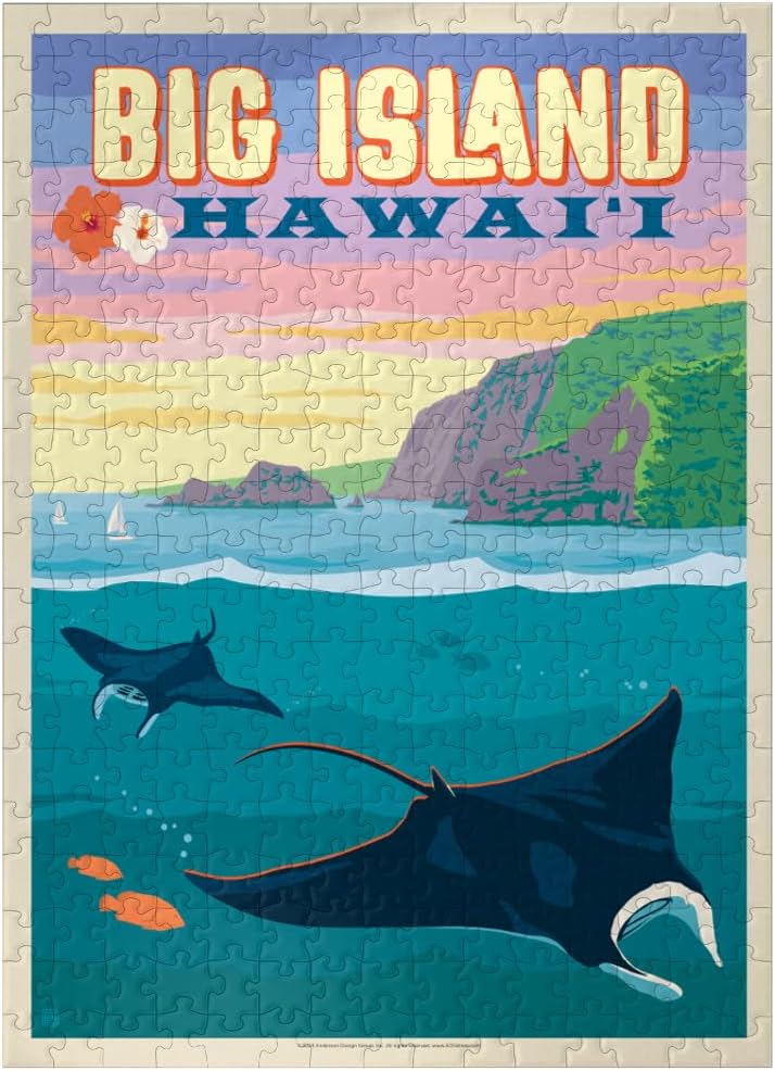 MyPuzzle Hawaii: Big Island (Manta Rays), Vintage Poster - Premium 300 Piece Jigsaw Puzzle for Adults