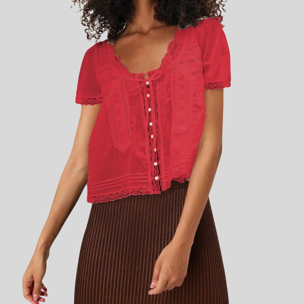 Women Boho Button Down Lace Trim Crop Tee Top Short Sleeve Scoop Neck Ruffle Semi Sheer Flowy Tie Front T Shirt - Image 2