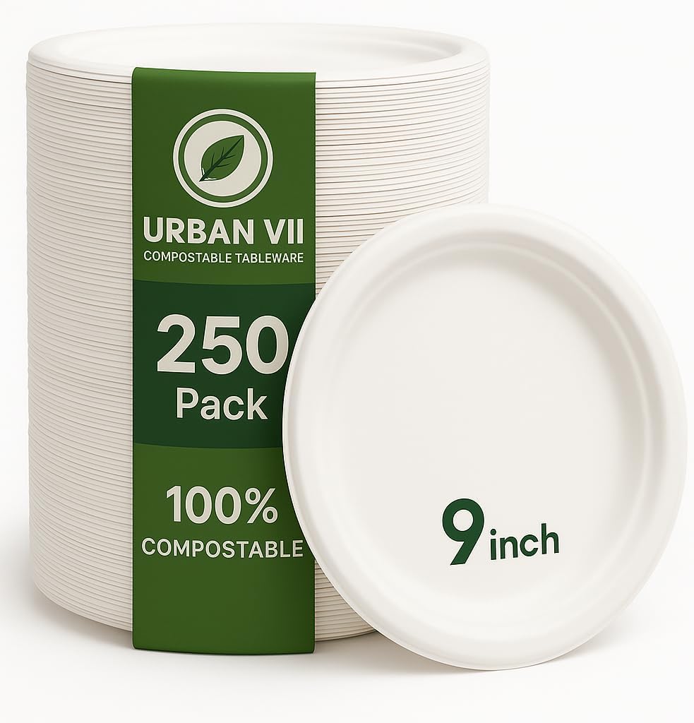 9-Inch Compostable Paper Plates – Heavy-Duty Disposable Bagasse (Sugarcane Fiber) Plates, Eco-Friendly Biodegradable Dinnerware, Microwave-Safe & Leak-Proof (250-Pack)