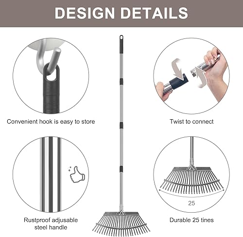 Miniatura 5 de KeFanta Rastrillo para hojas de jardín, rastrillo para hojas, resistente, 25 dientes de metal de 18.5 pulgadas de ancho, rastrillos ajustables de