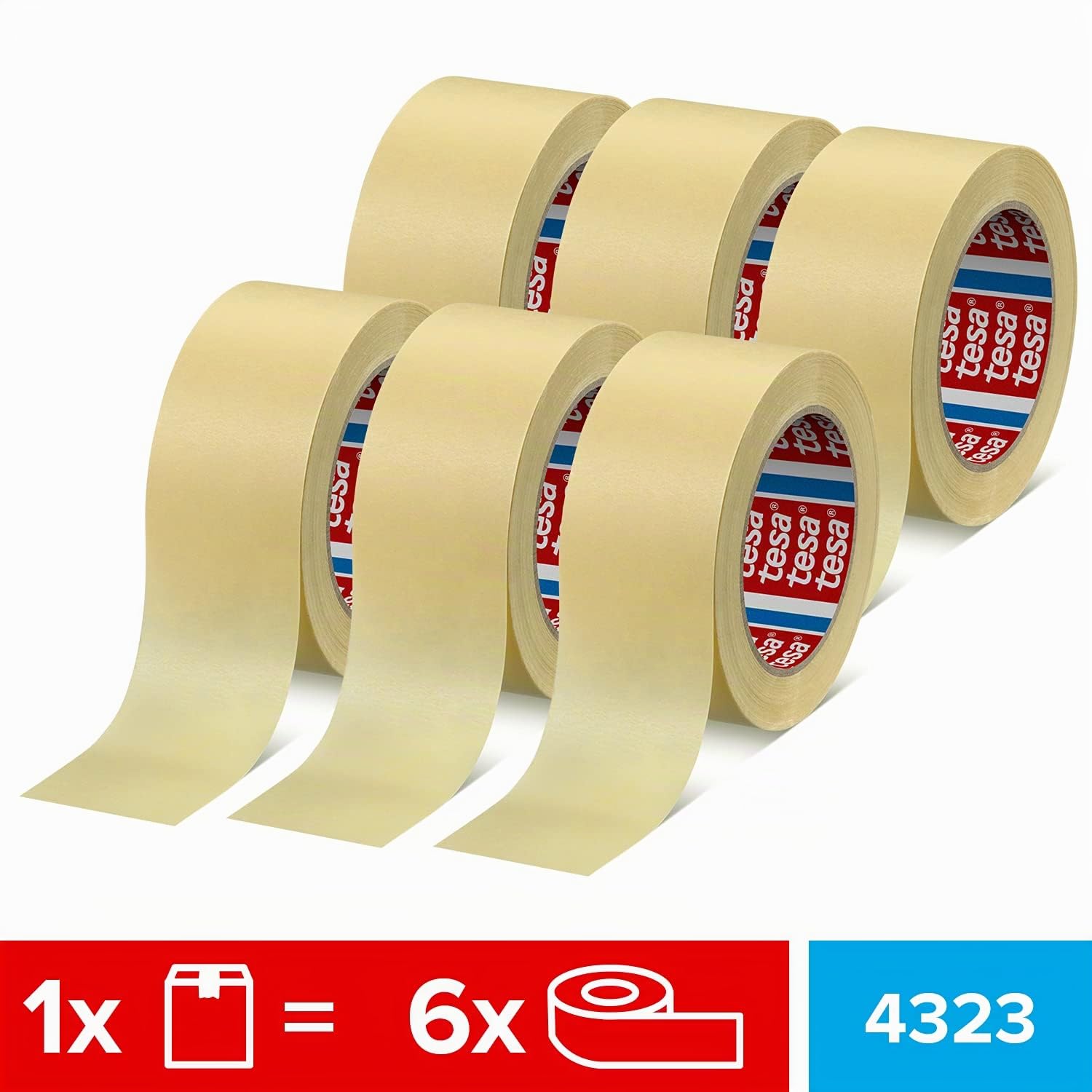 tesa tesakrepp 4323 Basic im 6er Pack - Elastisches Allzweck-Malerband für alle gängigen Malerarbeiten - hellbeige - 6 Rollen je 50 m x 50 mm