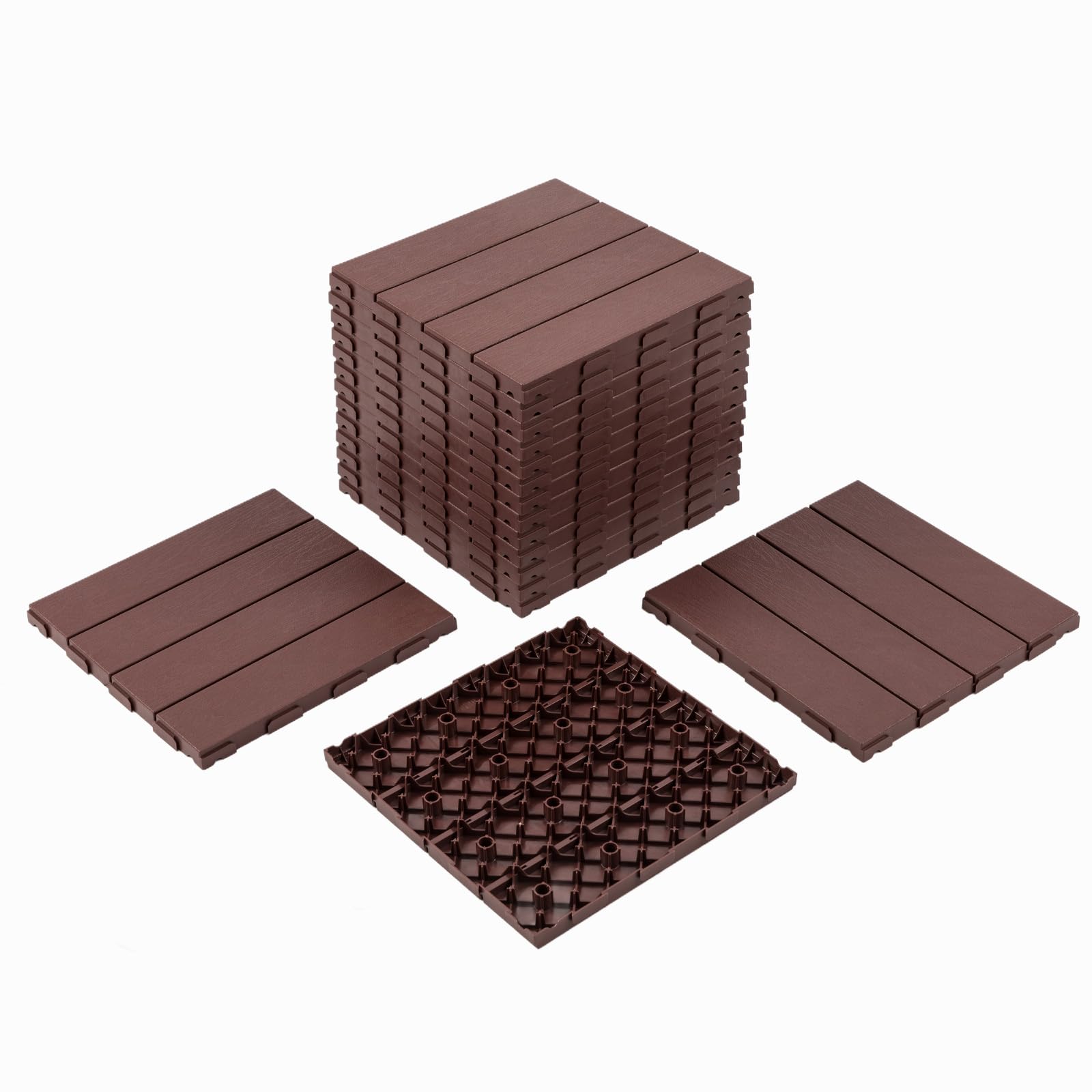 Panana 10 Pcs Composite Decking Tiles, Plastic Decking Boards, Interlocking Flooring Tiles for Indoor Outdoor Garden Patio Balcony, Squares 30 x 30cm (Reddish Brown)