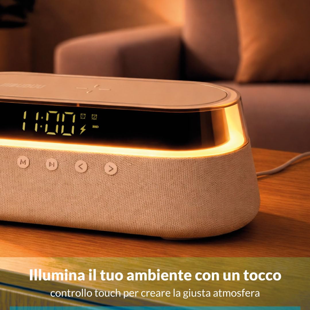 Cosmo Lampada da Comodino Multifunzione con Radio FM/AM, Speaker Bluetooth, Orologio Digitale e Ricarica Wireless Qi, Stazione Smart con Luce LED RGB e Sveglia (Beige)