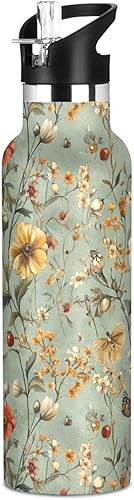 Miniatura 24 de Flowers Daffodil Sunflower Butterflies Bees White Leak Proof & BPA Free Sports Insulated Water Bottle With Straws Leak-proof Hot & Cold Double