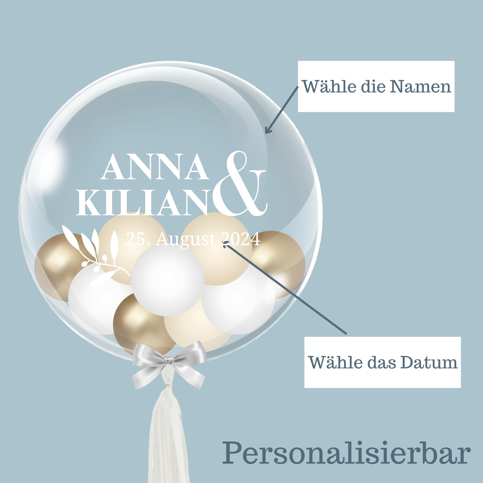 Botanical Wedding - Bubble Fabrik - Personalisiertes Ballongeschenk: Durchsichtiger Heliumballon mit Bunten Ballons, Geschenk zur Hochzeit, Hochzeitsmitbringsel