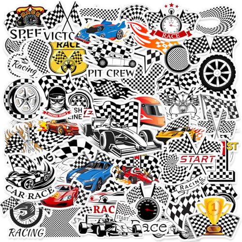 50PCS Race Car Checkered Flags Stickers Checkered Flags Party Favors Birthday Party Decorations Vinyl Waterproof Stickers for Water Bottle Laptop Luggage Helmet