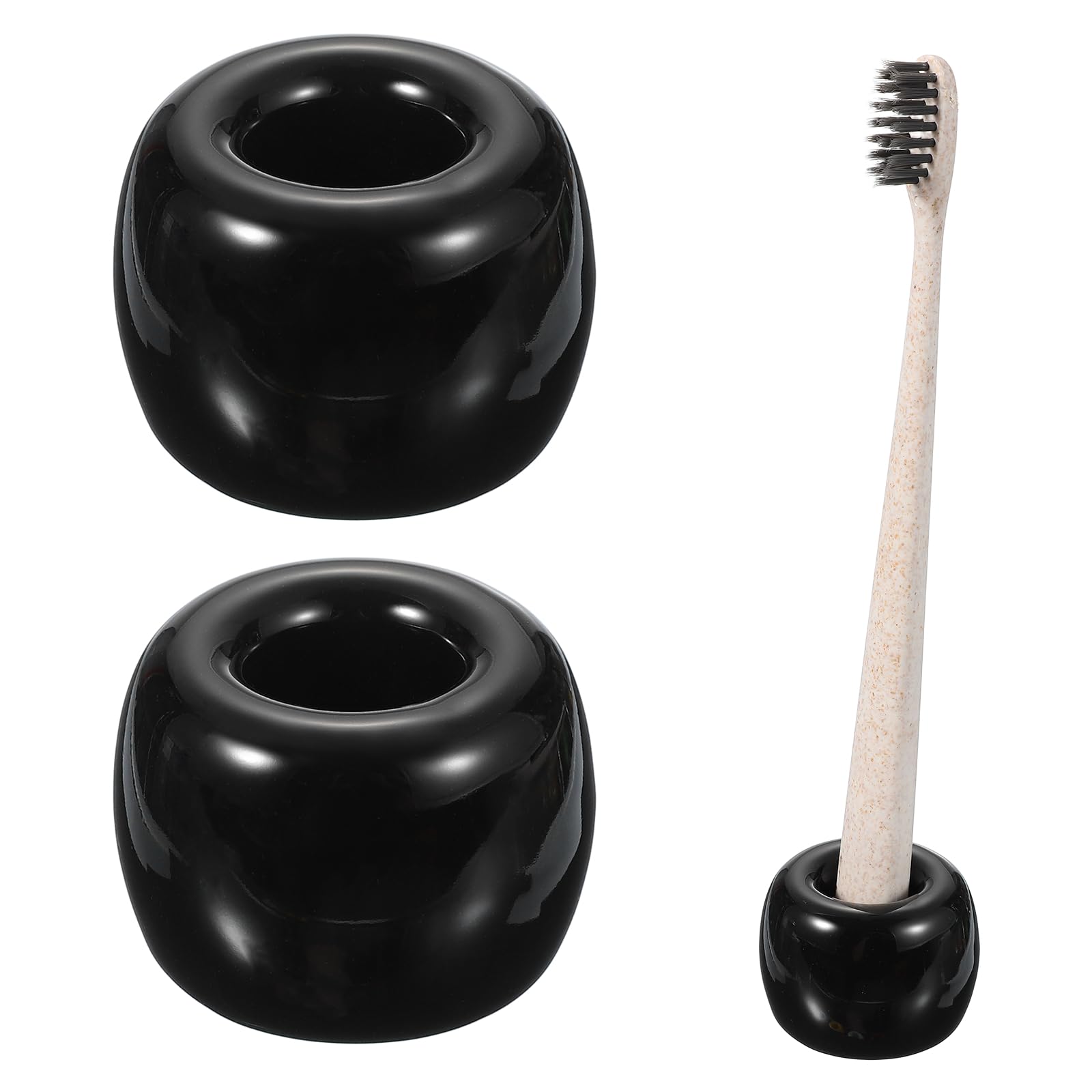 sourcing map 2 Pcs Ceramics Toothbrush Holder Stands, Sleek Mini Countertop Toothbrush Round Shape Ceramic Holder Stand for Bathroom Vanity Countertops, Black