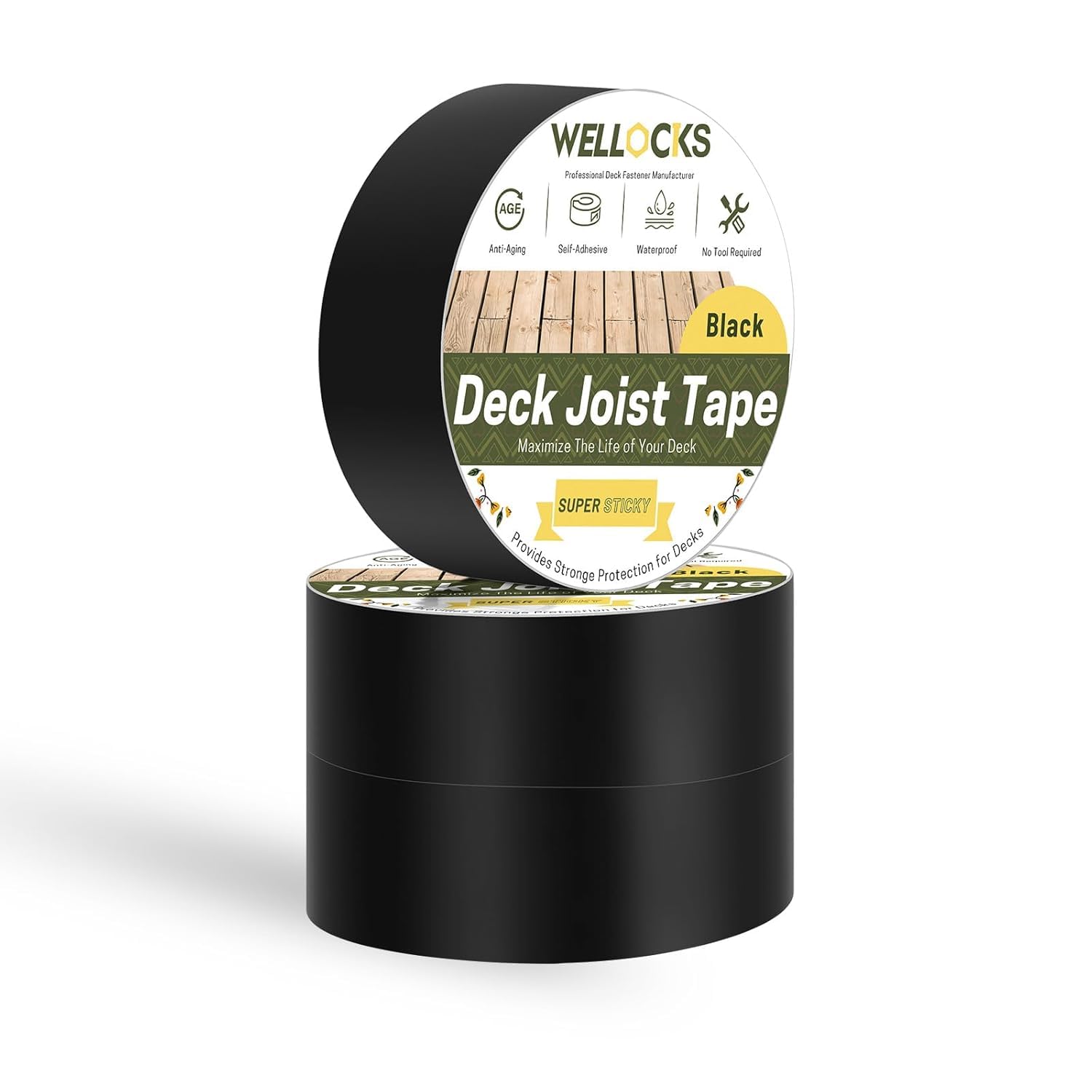 WELLOCKS Joist Tape for Decking Waterproof Seal Antiseptic Butyl Self-Adhesive Flashing Tape for Wood Decks Beams (3, 2"×50 Feet)