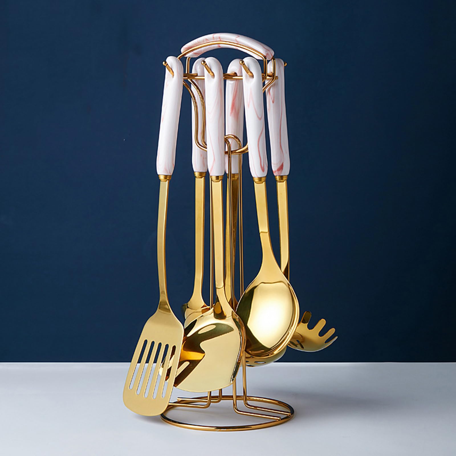 Set di 7 Utensili da Cucina in Acciaio Inox con Supporto, Utensili da Cucina Lucidati A Specchio, Lavabili in Lavastoviglie, Manico in Ceramica Marmorizzata Resistente al Calore, F