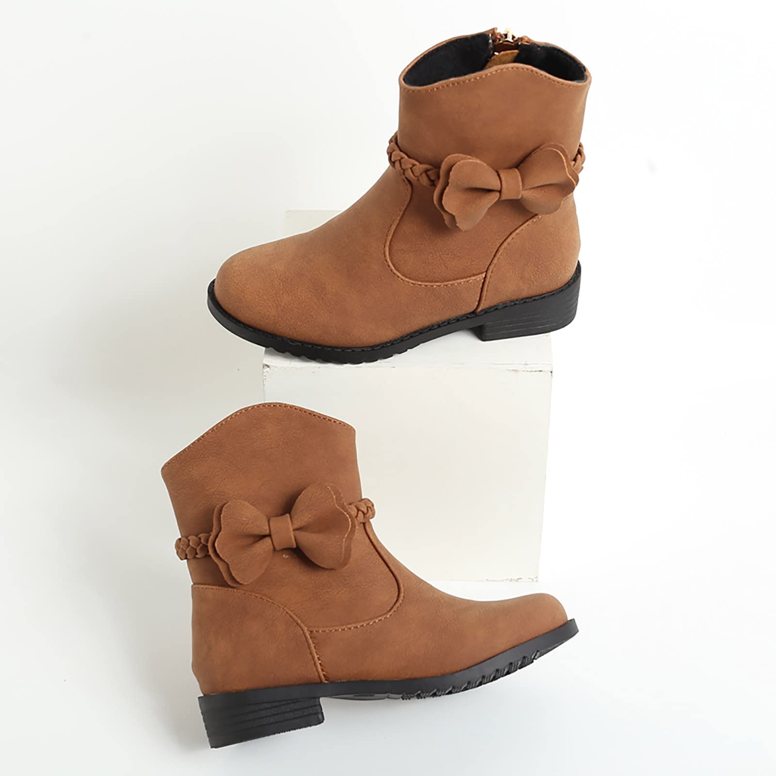 Generisch Botas occidentales para niñas - Botines de equitación de tacón bajo con cremallera lateral decoración de lazo, detalle trenzado, calzado infantil robusto