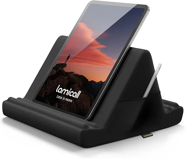 Lamicall Tablet Pillow Holder Stand - Tablet Pillow Soft Pad Dock for Lap, Bed and Desk with Pocket & 4 Viewing Angles, for iPad Pro 13, 11, 12.9, Air, Mini, Kindle, iPhone, 4-13" Devices, Black