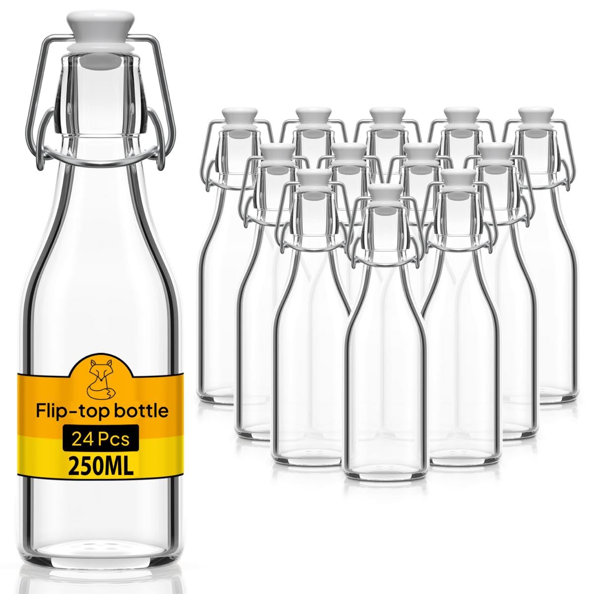 Set di 24 Bottiglie in Vetro da 250ml con Chiusura Ermetica - Bottiglia per Olio, Vino, Liquori, Acqua, Birra, Succhi di Frutta, Conserve e Latte - Bottigliette di Vetro piccole
