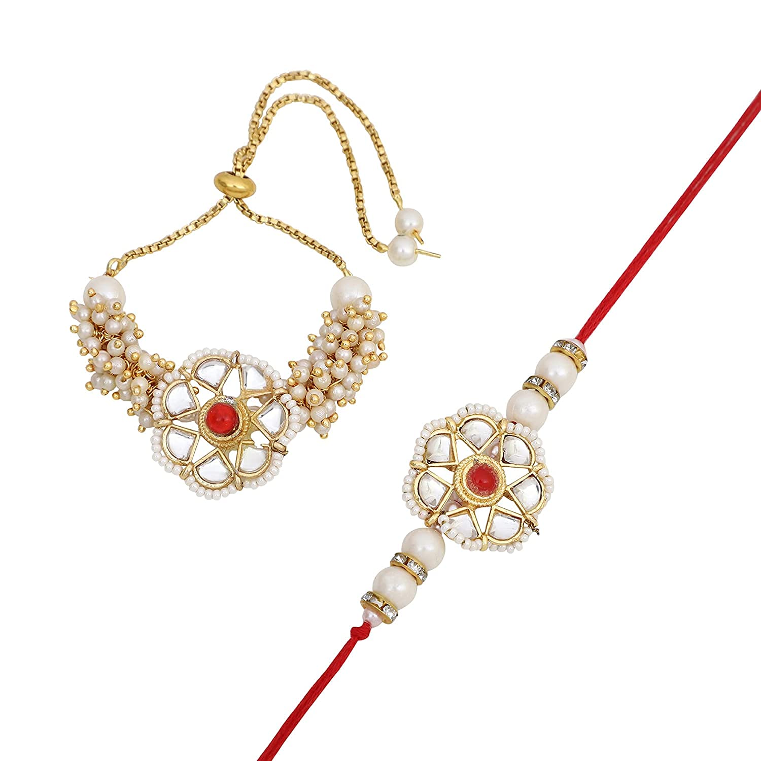 Fastcraft Unisex-Adult Rakhi for Brother and Bhabhi Combo Set of 2 with Designer Kundan Pearls Lumba Bracelet for Bhabhi with Printed Potli bag and Greeting Card, White and Red (B0B3TQ12DT) Amazon Price History, Amazon Price Tracker