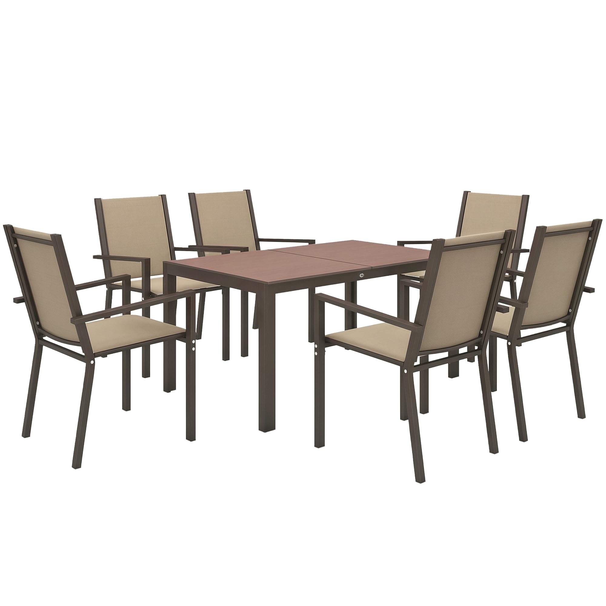 Outsunny Set da Giardino 7 Pezzi in Acciaio e Plastica, Set Mobili da Esterno con 6 Sedie Impilabili e Tavolo Rettangolare, Kaki e Marrone