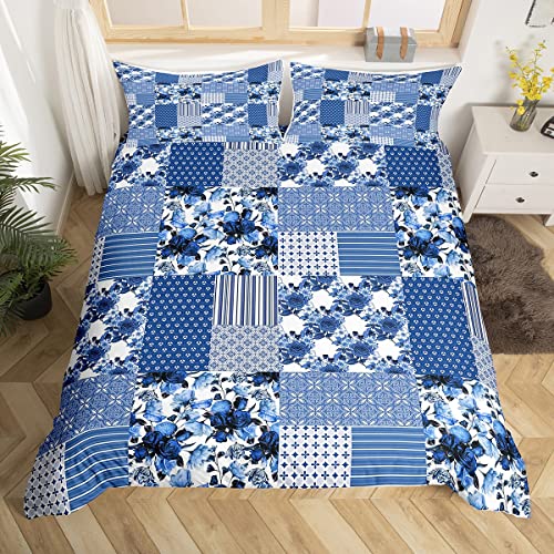 Navy Blue Flowers Patchwork Bedding Set King Size,Country Floral Plant Print Duvet Cover Set for Children Bedroom Present Stripes Geometric Plaid Microfiber Comforter Cover with 2 Pillowcases
