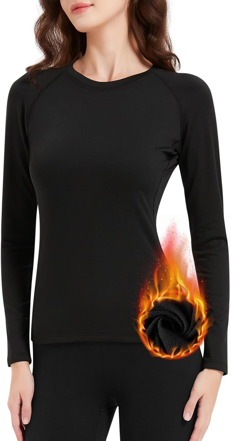 Women's Thermal Shirt Long Sleeve Base Layer, Fleece Lined Tops Lightweight Underwear for Cold Weather Running, Skiing