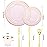 WELLIFE 350Pcs Clear-Pink Plastic Dinnerware- Pink and Gold Plastic Dinnerware include 50 Dinner Plates, 50 Dessert Plates, 150 Gold Silverware, 50 Cups and 50 Napkins Perfect for Parties