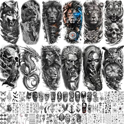 73 Sheets Black Wolf Lion Temporary Tattoos For Men Women, Halloween Half Arm Sleeve Tattoo Stickers Tiger Zeus Jesus Christ Dragon, Bulk Temp Waterproof Fake Tattoos For Adults Owl Skull Skeleton