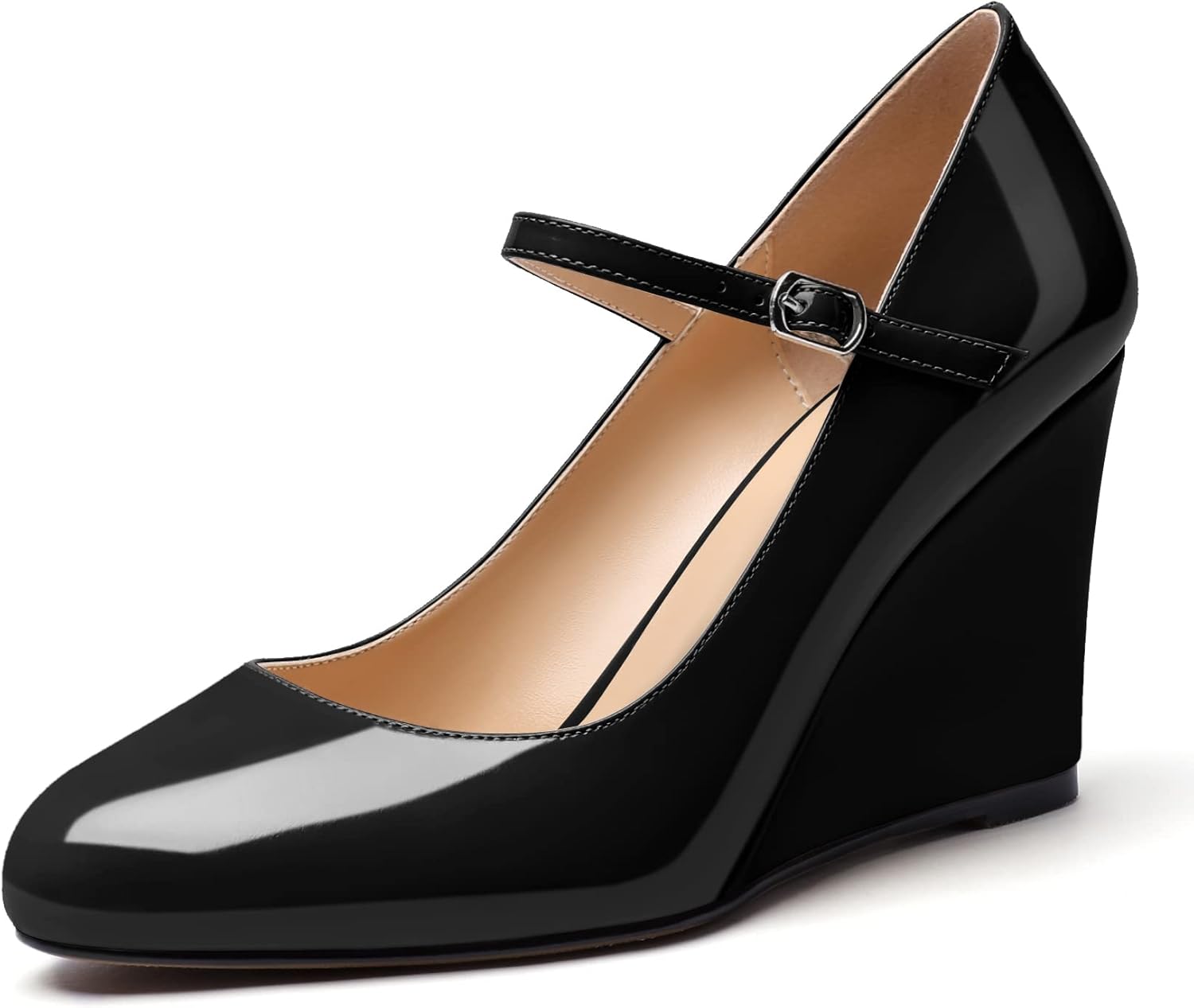 Soireelady Women Mary Jane Wedges Round Toe High Heel Pumps Adjustable Buckle Wedge Heels Pantent Leather Classic High Heels Elegant Dress Shoes for Party, Wedding, and Evening 3.15Inch