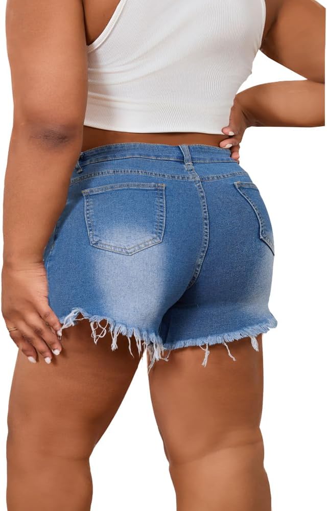 Women's Plus Size High Waisted Crossover Jean Shorts Ripped Raw Hem Summer Hot Denim Shorts - Image 2
