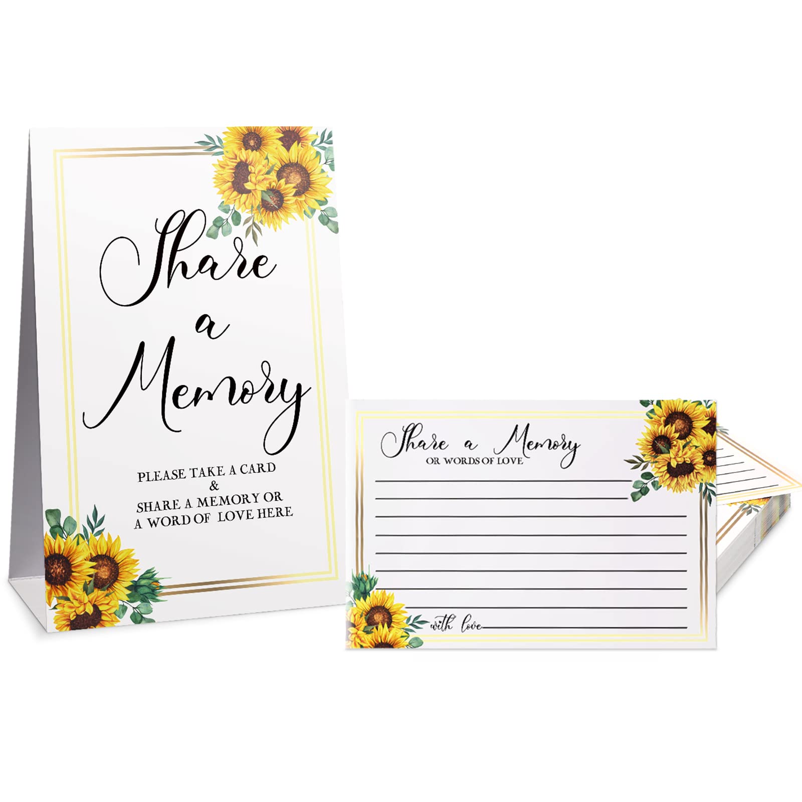 Zonon 50 Pcs Sunflower Share a Memory Cards Sign Place Seating Place Cards for Celebration of Life Decorations Wedding Funeral Bridal Shower Birthday Anniversary(Black Font)