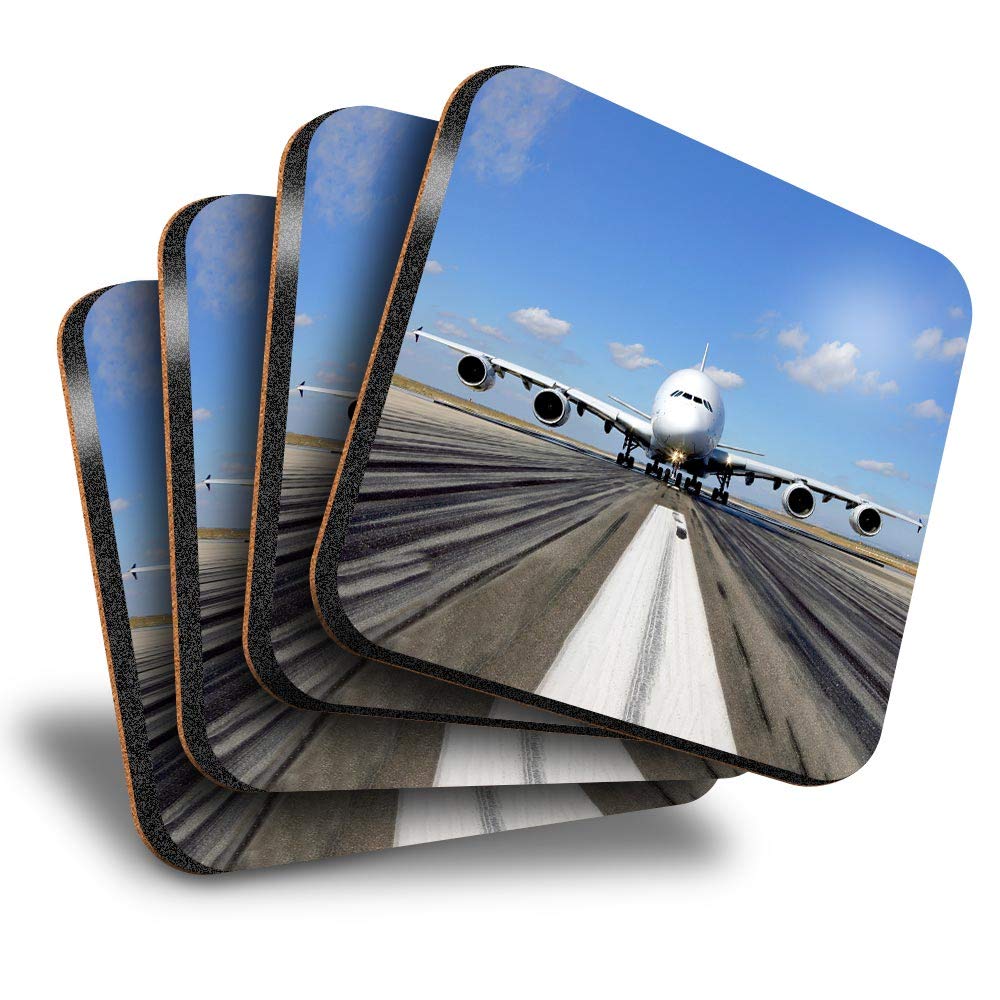 Destination Vinyl Ltd Multicolor Great Coasters (Set Of 4) Square - A380 Airbus Plane Runaway Pilot Drink Glossy Coasters/Tabletop Protection For Any Table Type #8108