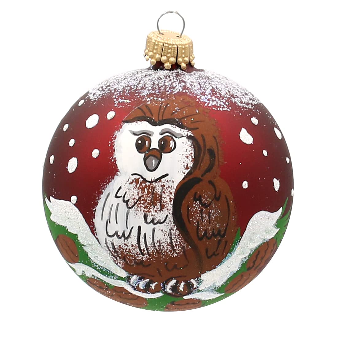 Dekohelden24 Lauschaer - Juego de 3 bolas de Navidad (8 cm), color rojo burdeos mate, con diseño de búhos y Papá Noel decoradas a mano y sopladas, 8 cm