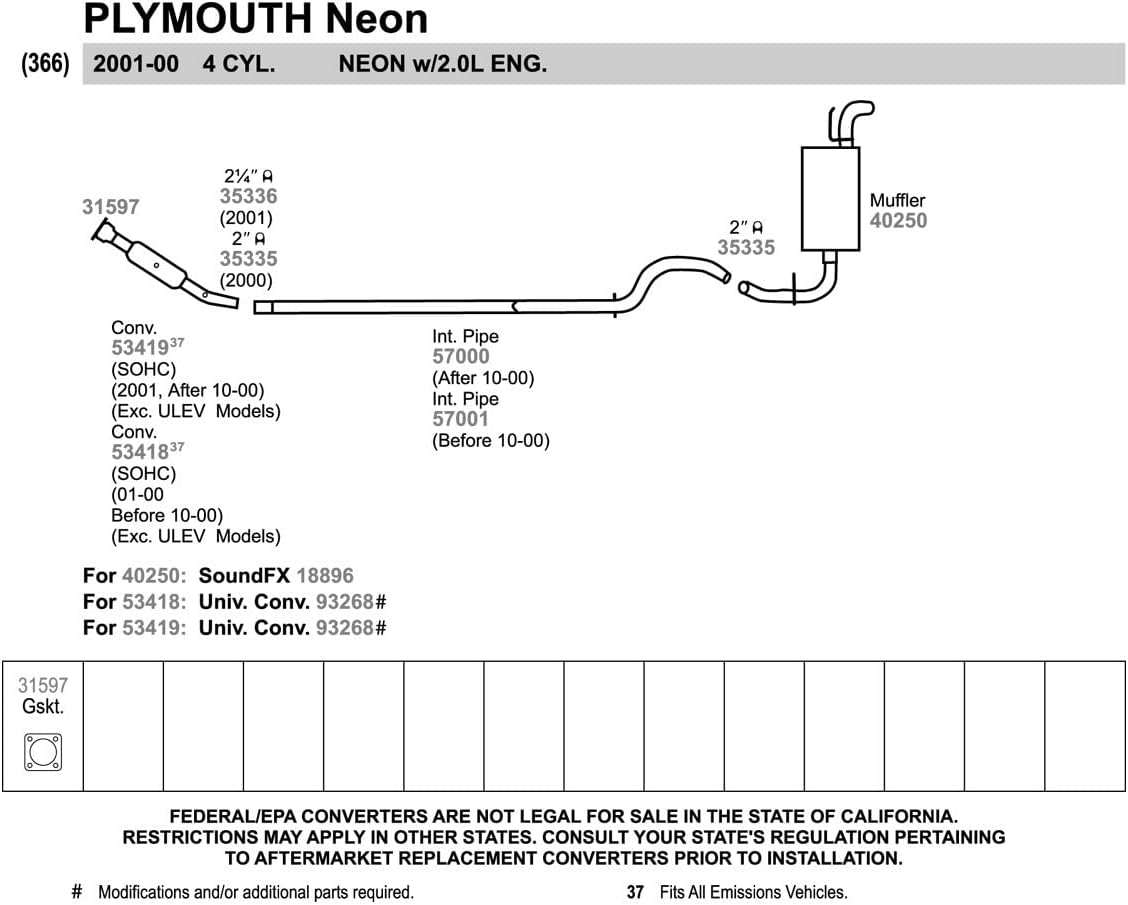 Walker 57001 Exhaust Pipe 2" Inlet (ID) 2" Outlet (OD) for Dodge Neon