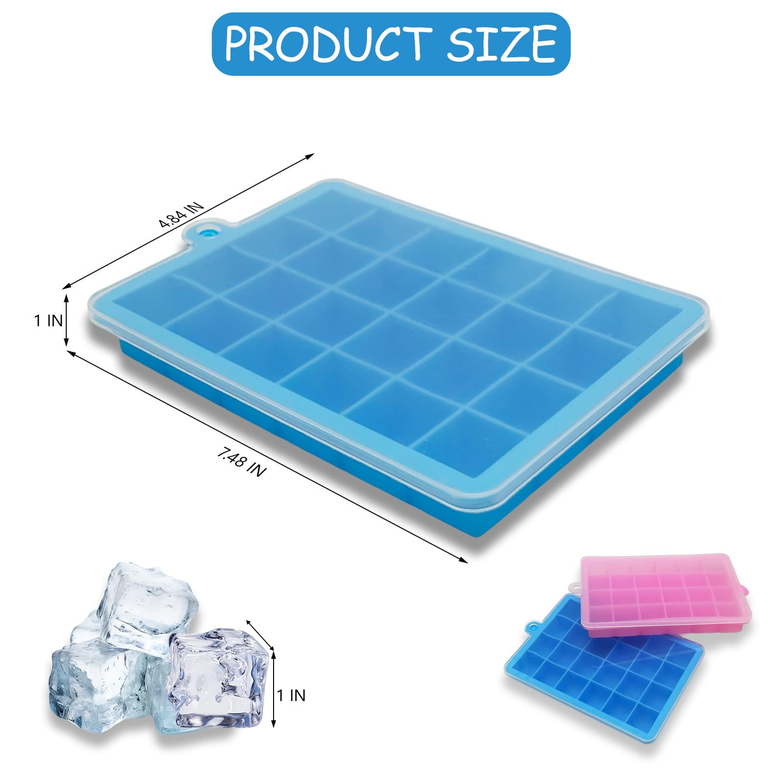 Bliceon 2 Pcs Silicone Ice Cube Tray, 24 Square Ice Cube Moulds with Lid - Image 2