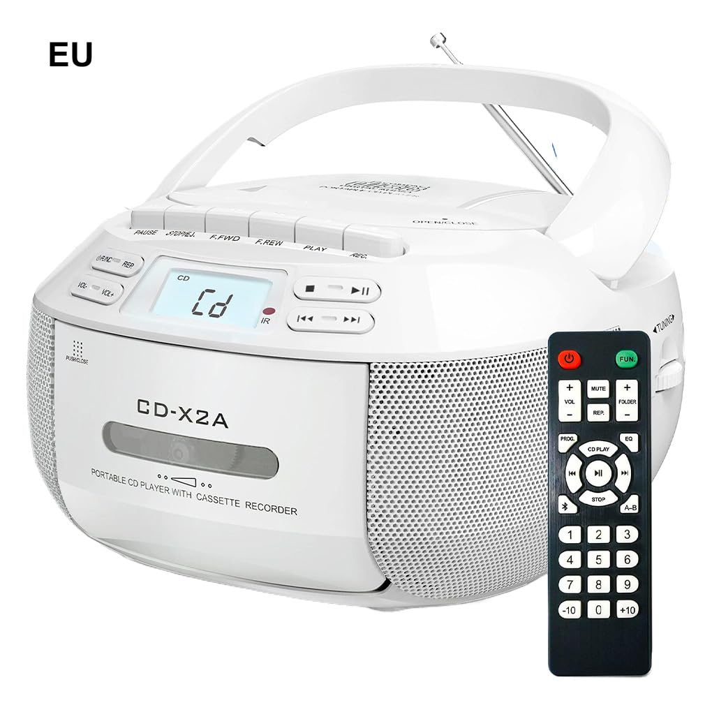 Lettore CD portatile con Bluetooth, radio AM/FM, unità flash USB e batteria integrata, lettore CD per la casa in ABS, Bianco